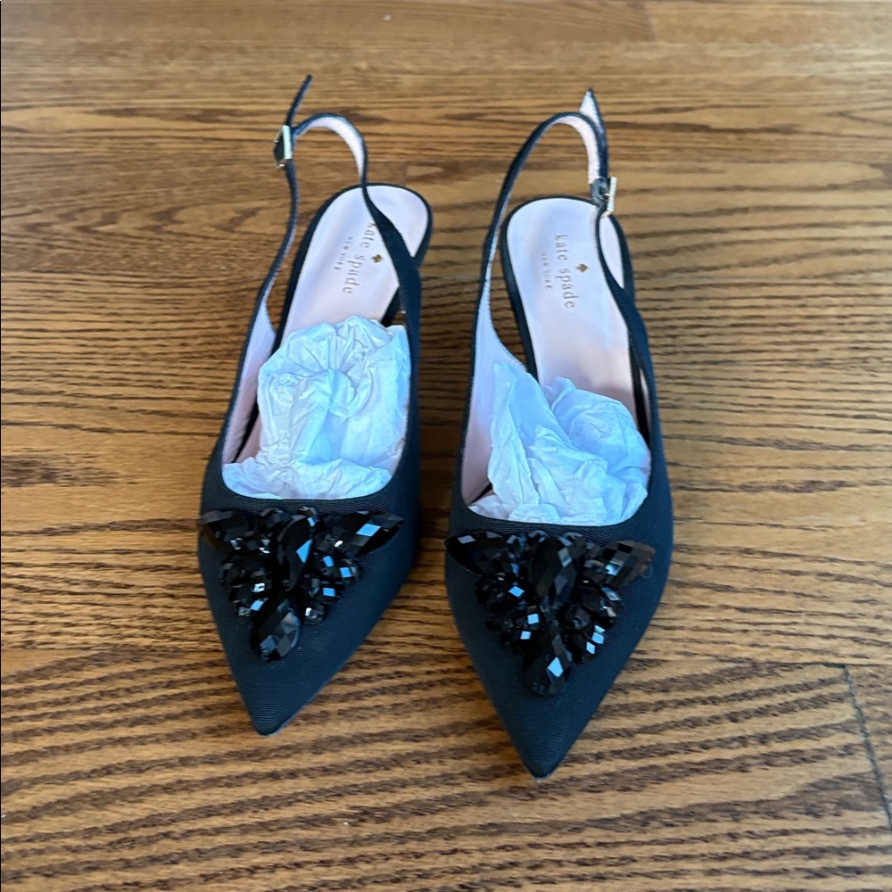 Kate Spade New York Black Grosgrain Beaded Sling Back Pumps - Picture 2 of 11